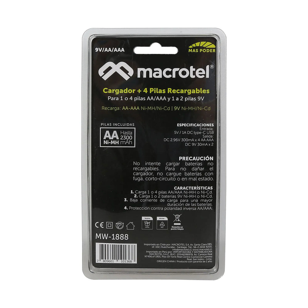 Dispositivo Cargador de Acumuladores + 4 Baterías de Tipo AA con Capacidad 2300mAh – Macrotel