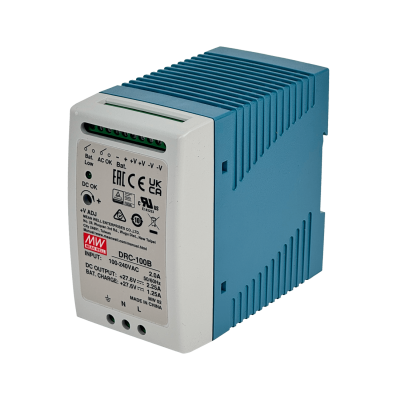 DRC-100B. Fuente de alimentación MEANWELL para riel DIN, 27,6VDC, canal 1: 2,25A, canal 2: 1,5A, 100W, ajuste canal 1: 24-30V