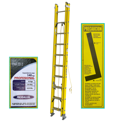 ESFA-420. Escalera extensible de fibra de vidrio de 3 a 6,3 metros, capacidad de 140 kg, con 20 peldaños.