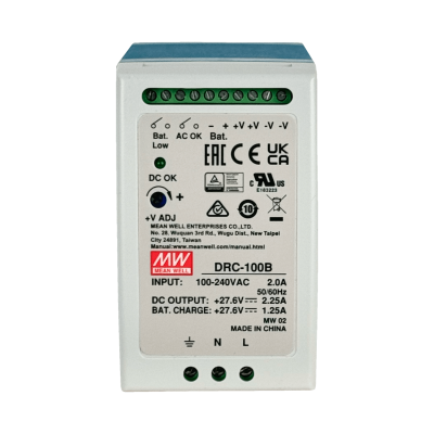 DRC-100B. Fuente de alimentación MEANWELL para riel DIN, 27,6VDC, canal 1: 2,25A, canal 2: 1,5A, 100W, ajuste canal 1: 24-30V