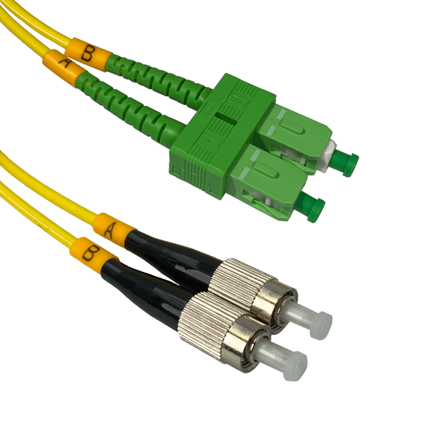 JFSAF1. Cable puente de fibra óptica monomodo dúplex de 1 metro, conectores SC/APC a FC/UPC, núcleo 9/125 µm y cubierta de 3 mm.