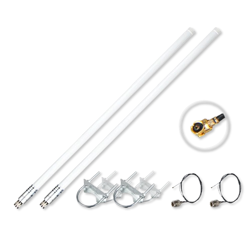 Bundle de antenas de fibra de vidrio 8dBi para LoRa® (900-930 MHz) - N-Type a iPEX - Bundle 1 — 2 antenas + 2 pigtails + 4 soportes