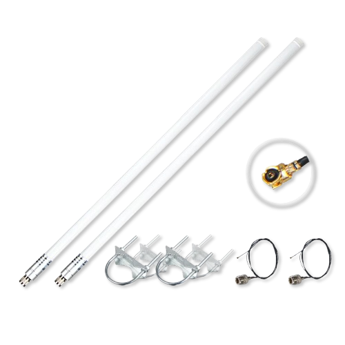 Bundle de antenas de fibra de vidrio 8dBi para LoRa® (900-930 MHz) - N-Type a RP-SMA - Bundle 1 — 2 antenas + 2 pigtails + 4 soportes