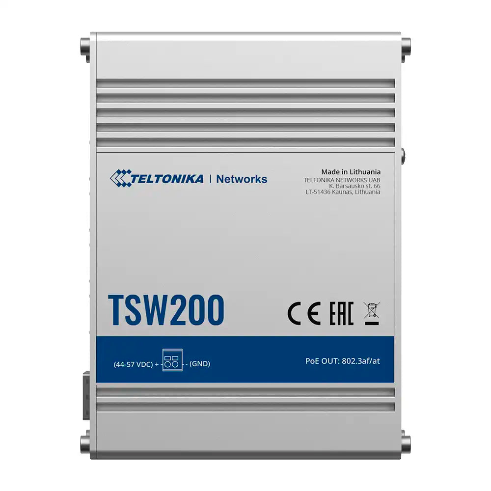 Conmutador Industrial PoE Teltonika TSW200, 8 interfaces LAN, alimentación PoE en puertos 1 al 8, velocidades 10/100/1000 Mbps, 2 ranuras de fibra SFP