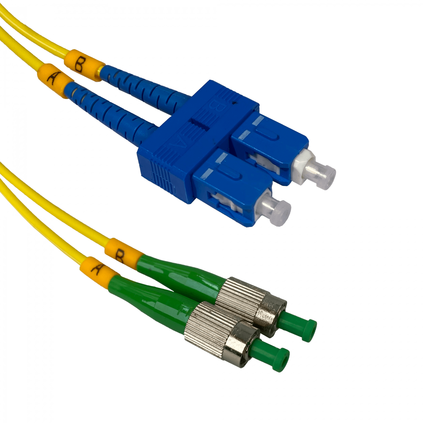 JFSCH2. Cable de interconexión de fibra óptica monomodo dúplex SC/UPC a FC/APC de 2 metros, núcleo de 9/125 µm y diámetro de 3 mm.