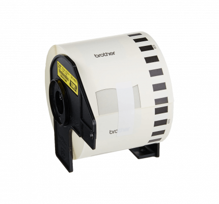 DK4605. Etiquetas de papel continuo removibles BROTHER de 62 mm de ancho y 30,4 m de largo, impresión negra sobre fondo amarillo, compatibles con impresoras QL