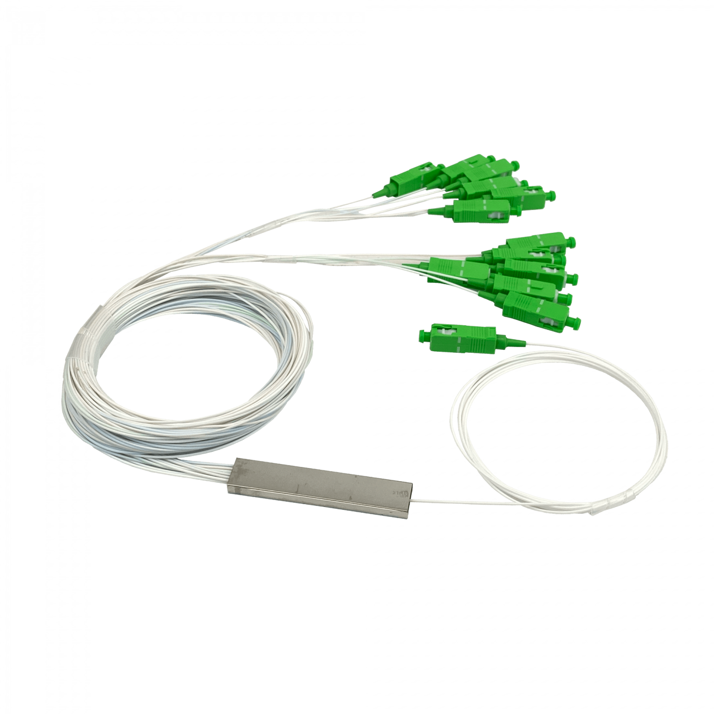 SPLITTER-12A. Divisor óptico PLC 1x12 con salidas de 200 cm y conectores SC/APC, compatible con GEPON/GPON, fibra G657A1 de 0,9 mm y rango espectral 1260–1650 nm.