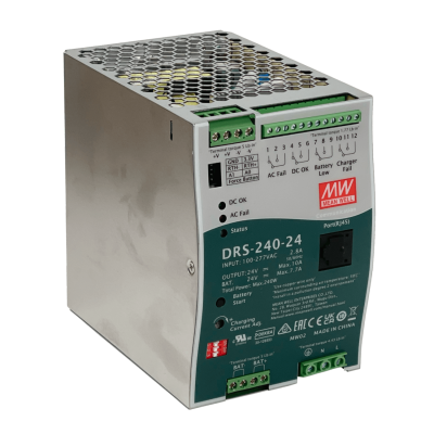 DRS-240-24. MEANWELL Fuente 24 VCC 10 A 240 W para baterías 10-100 AH, conector RJ45, ancho 86 mm, entrada 100-277 V, montaje en riel DIN