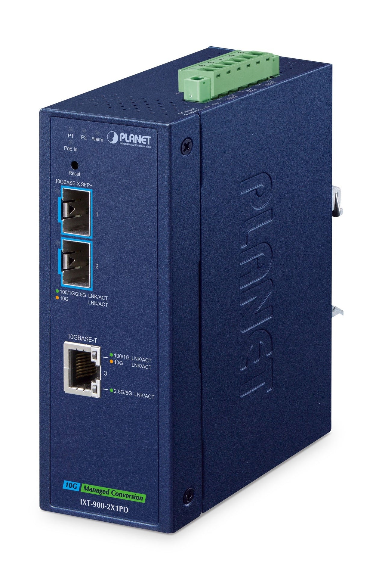 Conversor de Medios Industrial Gestionado 10GBASE-X SFP+ de 2 Puertos + 10GBASE-T PoE PD de 1 Puerto