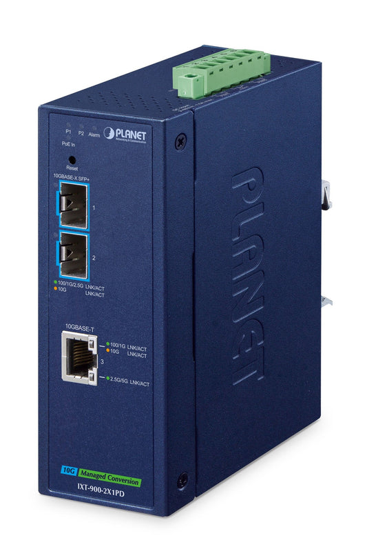 Conversor de Medios Industrial Gestionado 10GBASE-X SFP+ de 2 Puertos + 10GBASE-T PoE PD de 1 Puerto