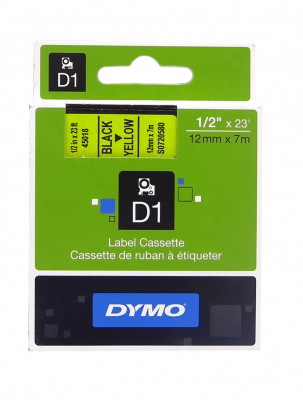 45018 DYMO 12mm Negro en Fondo Amarillo Cinta 7mt D1-Label Cassette