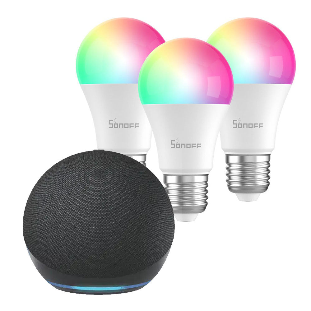Paquete Promocional Amazon Echo Dot Generación 5 Integrado con Bombillas Inteligentes LED RGB de Marca Sonoff