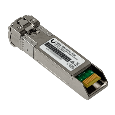 SFP10-1550 UBIQUITI. Transceptor SFP+ monomodo de 10 Gbps, longitud de onda 1550 nm, conector doble LC y alcance de 20 km, modelo UACC-OM-SFP10-1550.