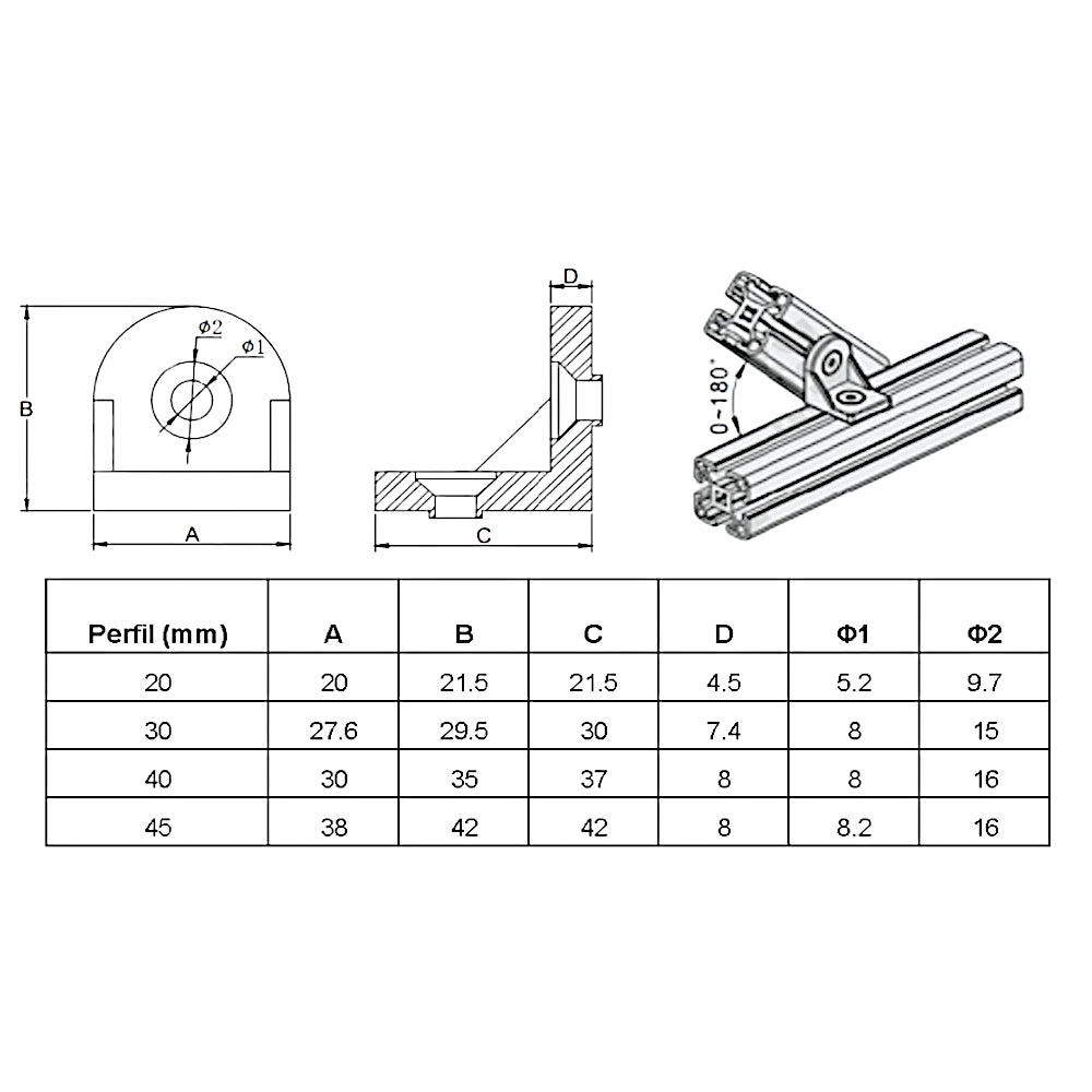 Soporte escuadra ángulo ajustable perfil Tslot 40 mm 2 und