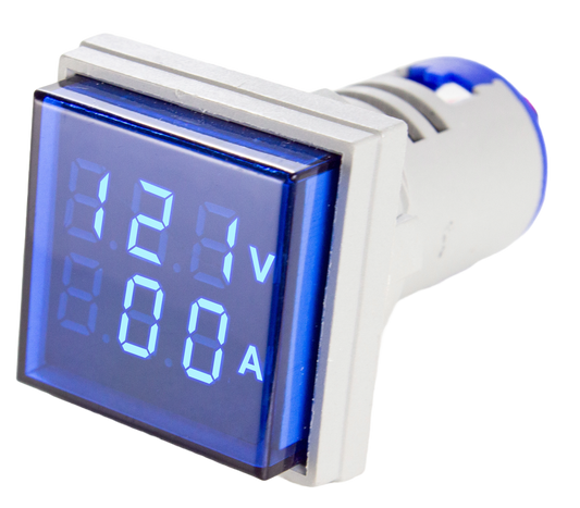 Indicador Digital Tensión y Corriente 0-100A, 50-500VCA, 22mm, cuadrado - Azul