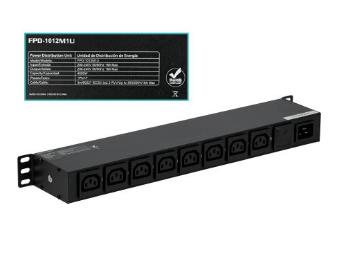 FPD-1012 FORZA Unidad de Distribución de Energía 16A 4000W 8 Tomas 8-C13 2-C20 16A Medidor/Volt-Amperaje Rack 1U