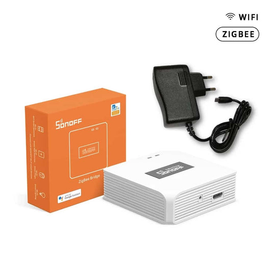Concentrador Sonoff Zigbee Pro acompañado de adaptador de corriente
