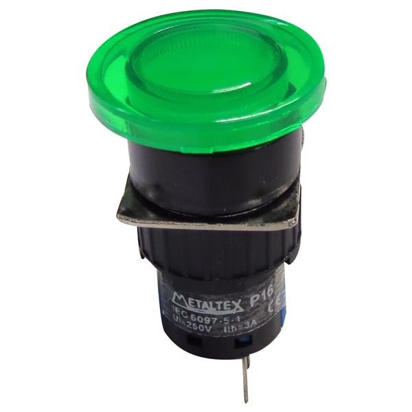Pulsador momentáneo tipo hongo plástico SPDT 16mm Serie P16 - Verde