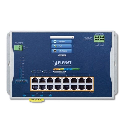 Switch Industrial Administrable L2+ 16 Puertos Gigabit PoE++ + 4 SFP+ 10G PLANET WGS-5215-16UP4XV con LCD