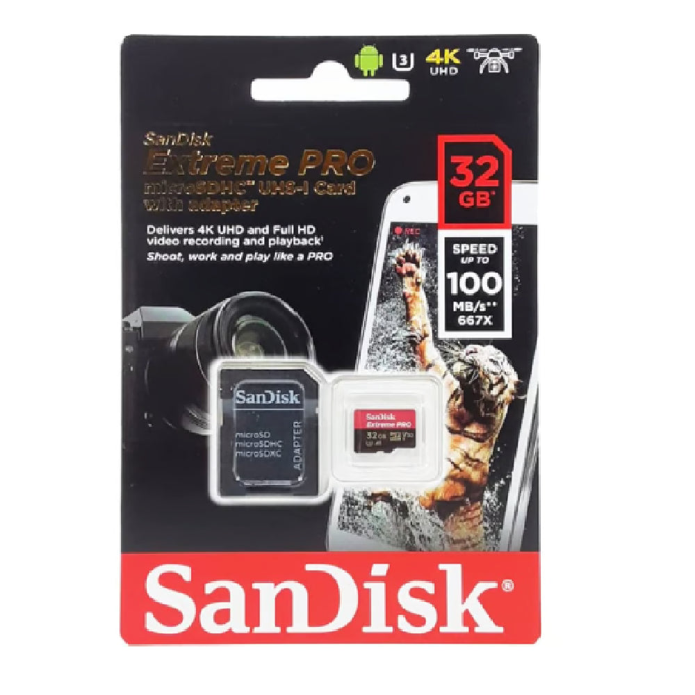 Tarjeta MicroSD 32GB Sandisk Extreme Pro U3 V30 4K Velocidad de Lectura 100MB/s Velocidad de Escritura 90MB/s