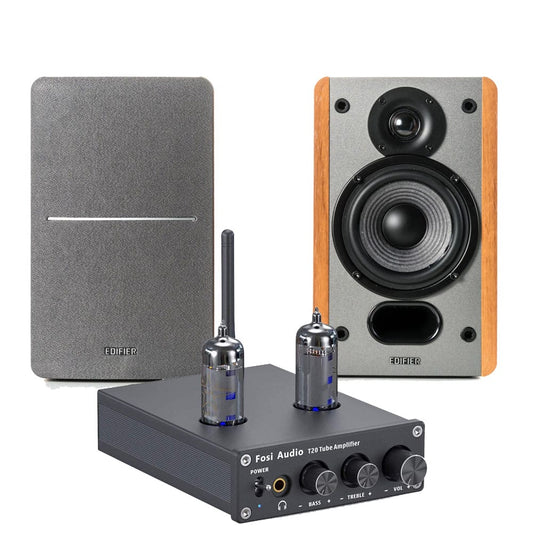 Amplificador Valvular Fosi Audio T20 para Auriculares y Altavoces + Altavoces Pasivos de Alta Fidelidad Edifier P12 con Potencia de 20W