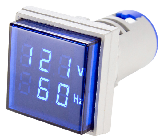 Indicador Digital de Tensión y Frecuencia 0-99HZ, 50-500VCA, 22mm, cuadrado - Azul