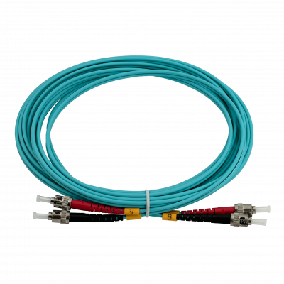 JF3TT5. Cable puente de fibra óptica multimodo MM dúplex OM3 de 5 metros, conectores ST a ST, cubierta LSZH de 3,0 mm y núcleo de 50/125 µm.
