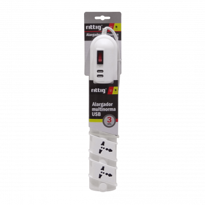 ELG-35WT RITTIG Blanco Regleta 5-Tomas Múltiples 2-Puertos USB5V Extensión 3metros 10A-250V 2200W Indicador Luminoso-Interruptor
