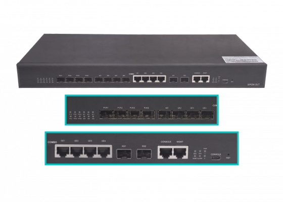 WK-OLT-4P. Terminal de Línea Óptica WOLCK de 4 Puertos EPON SFP 4-1000 4-SFP 1U para Bastidor RJ45-RS232-Consola RJ45-Administración