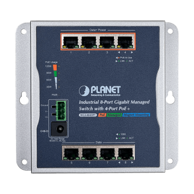 WGS-804HPT PLANET Switch Industrial Gestionable 8 Puertos Gigabit 4-PoE+ Presupuesto 120W Montaje Riel-DIN Alimentación 48/54VDC