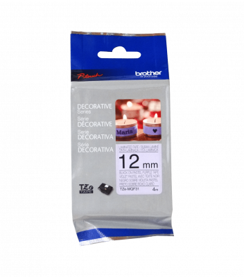 TZE-MQF31 BROTHER Cinta laminada de 12 mm, impresión negra sobre fondo color mora pastel, longitud de 4 metros, compatible con equipos PT-H110, E110 y H200