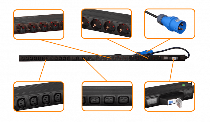 PDU-VERTICAL. Distribuidor eléctrico vertical 32A 8000W 12-C13 4-C19 12-Schuko/6-IH Medición/Volt-Amp 1x32A