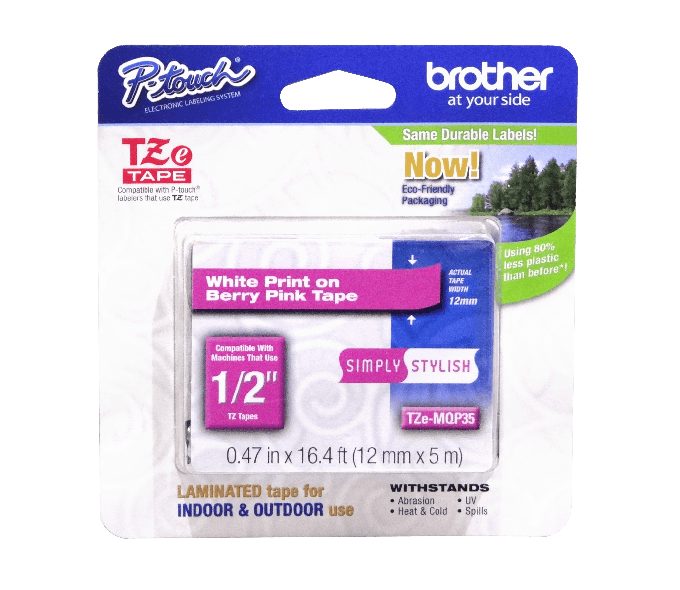 TZE-MQP35 BROTHER 12mm Blanco sobre Fondo Rosado Cinta 5 metros para PT-H110/E300/H200
