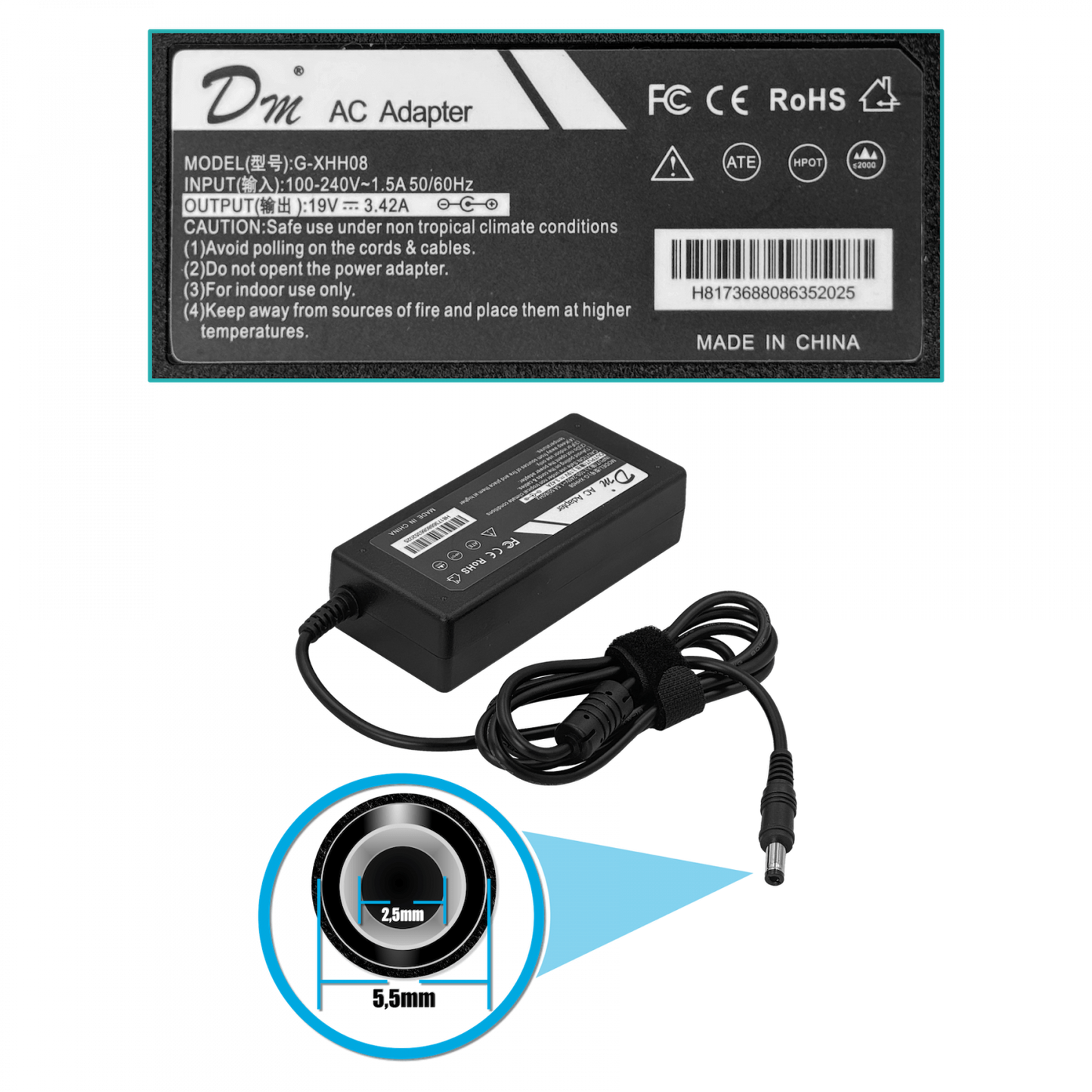 F19-34C Conector-5,5x2,5mm 19VDC 3,41A 65W Conmutada Fuente de Alimentación
