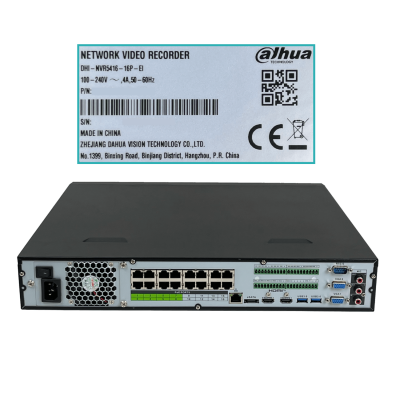 NVR5416-16P DAHUA Grabador de video en red para 16 canales IP 16 Puertos PoE 32MP 2 salidas HDMI 2 salidas VGA USB RS232 4 bahías SATA de 16TB WizSense
