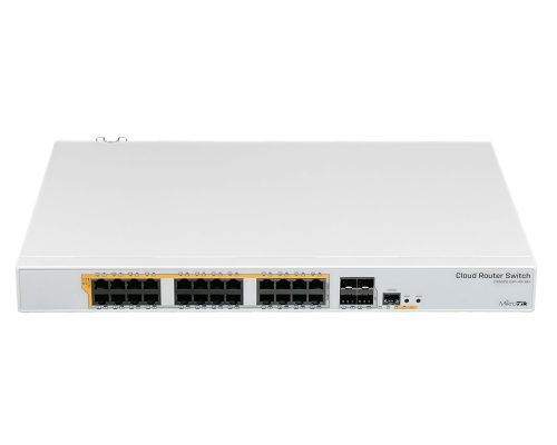 CRS328-24P-4S+RM MIKROTIK Switch Capa 3 / Router Nivel 5 con 24 puertos Gigabit PoE, 4 ranuras SFP+ 10G y fuente de 150W total, requiere cableado