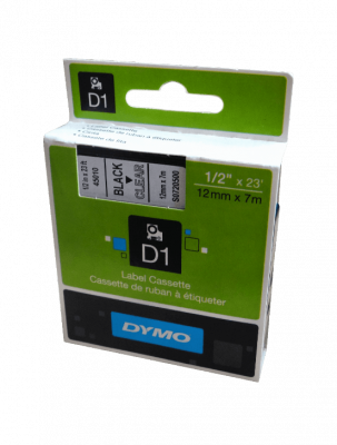 45010 Cartucho de cinta DYMO D1 de 7 metros, color negro sobre fondo transparente, ancho de 12 mm