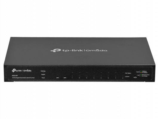 SG2210P TP-LINK Conmutador Inteligente de Escritorio 8 Puertos Gigabit PoE+ 2 Ranuras SFP 53W Totales con Adaptador de 48V Incluido Omada