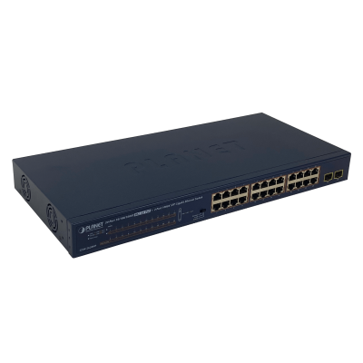 GSW-2620HP Switch PLANET no administrable de 24 puertos 10/100/1000, PoE 48V af/at, 220W totales, 2 ranuras SFP, montaje en Rack