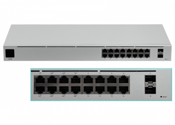 USW-16-POE UBIQUITI Switch de Rack de 16 Puertos 1000 (8 PoE) con 42W Totales, Soporte 48af/52at y 2 SFP, Requiere UniFi