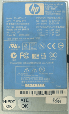 382175-001 HP 725W Fuente de Alimentación para Servidor ML350G4