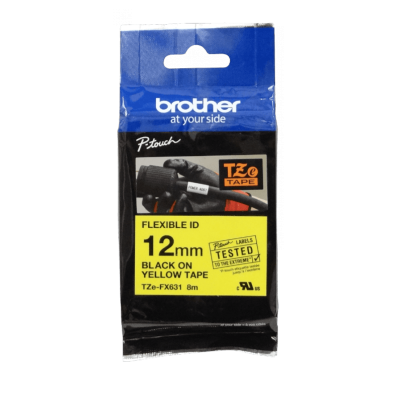 TZE-FX631 BROTHER Flexible 12mm Negro sobre Amarillo Cartucho 8m p/PT-H110 Extra-Flexible