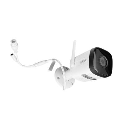 HFW1430. Cámara DAHUA tipo Bala 4 Megapíxeles 2,8mm Inalámbrica 2,4GHz Ranura MicroSD Protección IP67 Alcance 1-100 30 metros Incluye fuente 12Vcc
