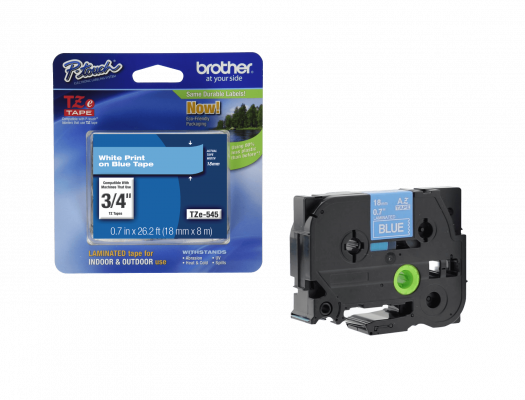 TZE-545 BROTHER Cinta de 18mm con texto blanco sobre base azul, longitud 8 metros, compatible con equipos PT-E300VP/D600VP/E550WVP