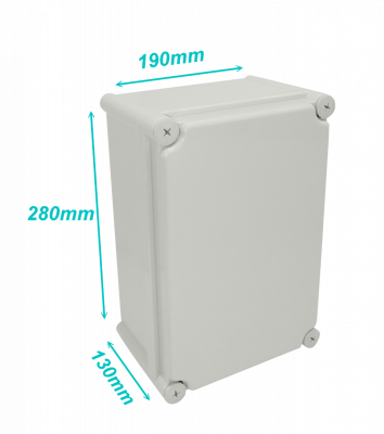 TJ-AG-2819 Caja estanca TIBOX de plástico gris con tapa del mismo color, dimensiones 280x190x130 mm, IP66, RoHS, incluye placa de montaje