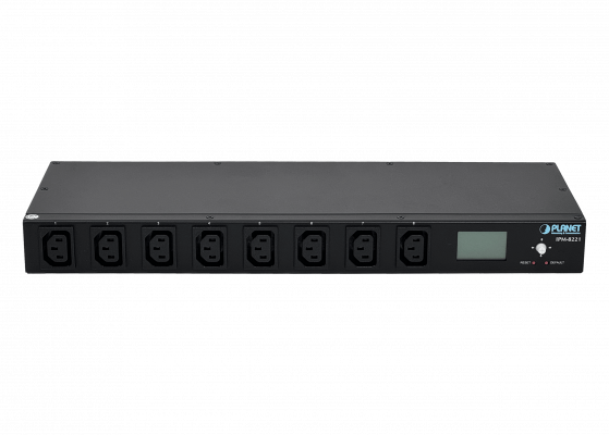 IPM-8221 PLANET Unidad de distribución eléctrica con entrada C20, 8 salidas C13, control IP por LAN, monitorización de temperatura/humedad/amperaje y 2 puertos serie