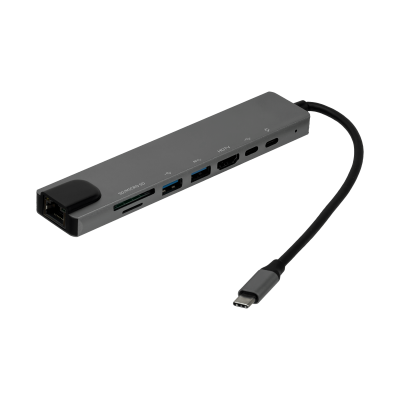 HUB-CHASE Concentrador Tipo-C con 2 puertos USB-C, 1 salida HDMI, 2 entradas USB-A, ranuras SD/microSD y conector RJ45-10/100 en carcasa de aluminio