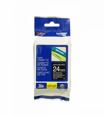 TZE-355 Cinta de 24 mm de ancho para etiquetadora BROTHER, impresión blanca sobre fondo negro, longitud 8 m, compatible con PT-E550WVP/D600VP/P900W