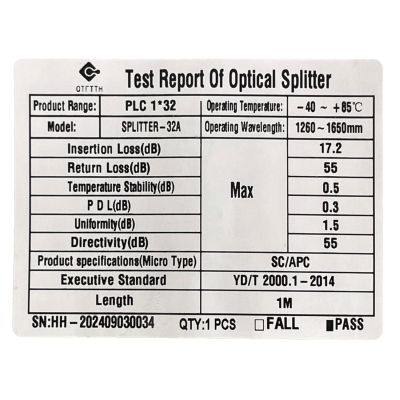 SPLITTER-32A Repartidor Óptico PLC 1x32 SC/APC para Redes GEPON/GPON Fibra G657A1 0,9mm Rango 1260-1650nm