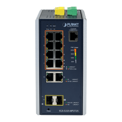 IGS-5225 PLANET Switch Industrial para Riel DIN, 8 Puertos 1000 PoE, 2 Puertos 1000, 2 Ranuras SFP, 240W Totales, Modelo 8P2T2S